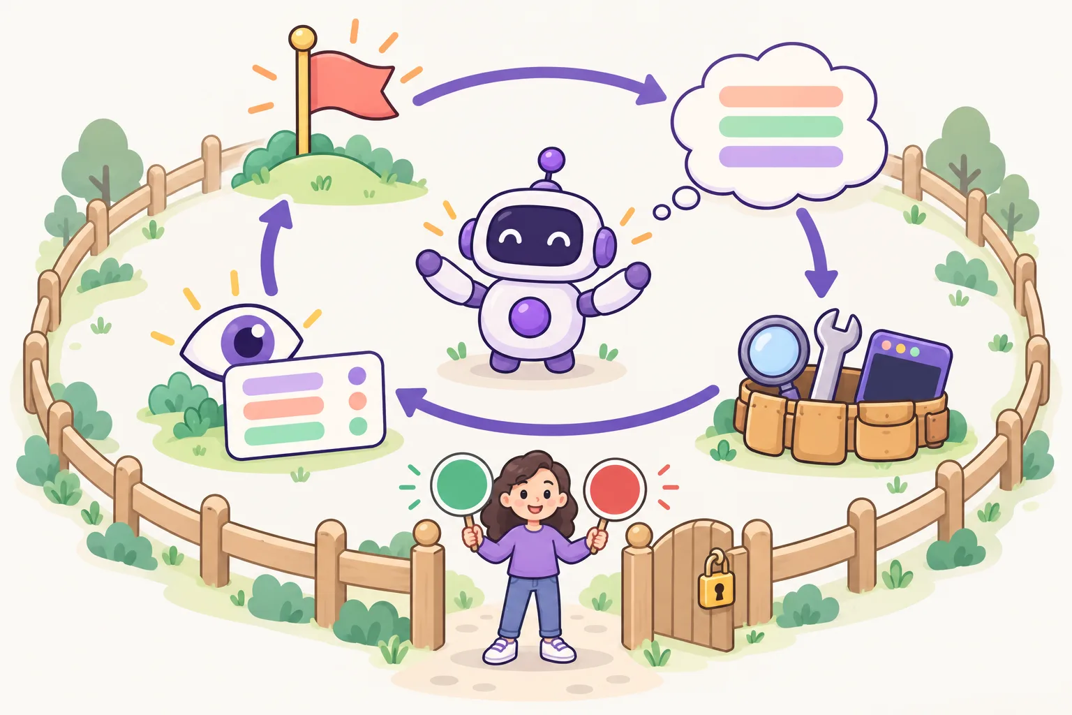 円い矢印のまん中にロボットがいます。矢印には四つの駅があります。目標の旗、計画が書かれた考えごとの雲、道具ベルト、結果を見る目です。ループのまわりには門のついたさくがあり、門のところで人が緑と赤の札を持っています。