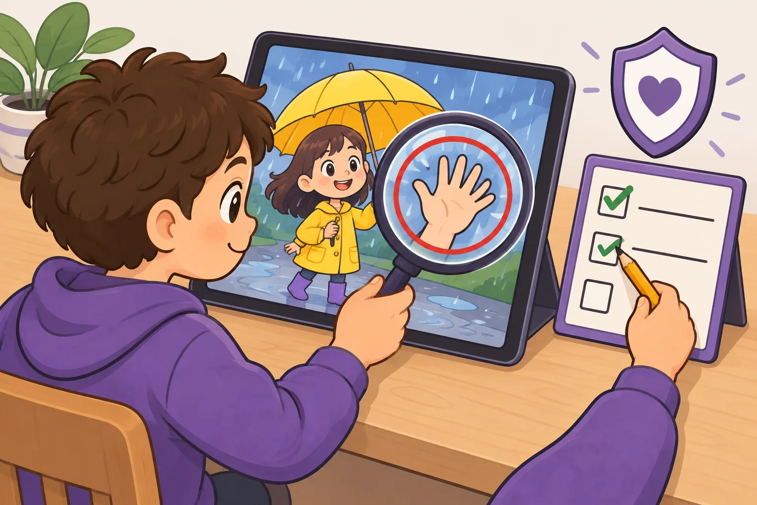 子どもがタブレットで、黄色いかさをさした女の子の生成された絵を見ている。虫めがねで見ると女の子の指が 6 本あり、赤い丸で囲まれている。タブレットの横には、チェックボックスのあるチェックリストと盾のアイコンがある。