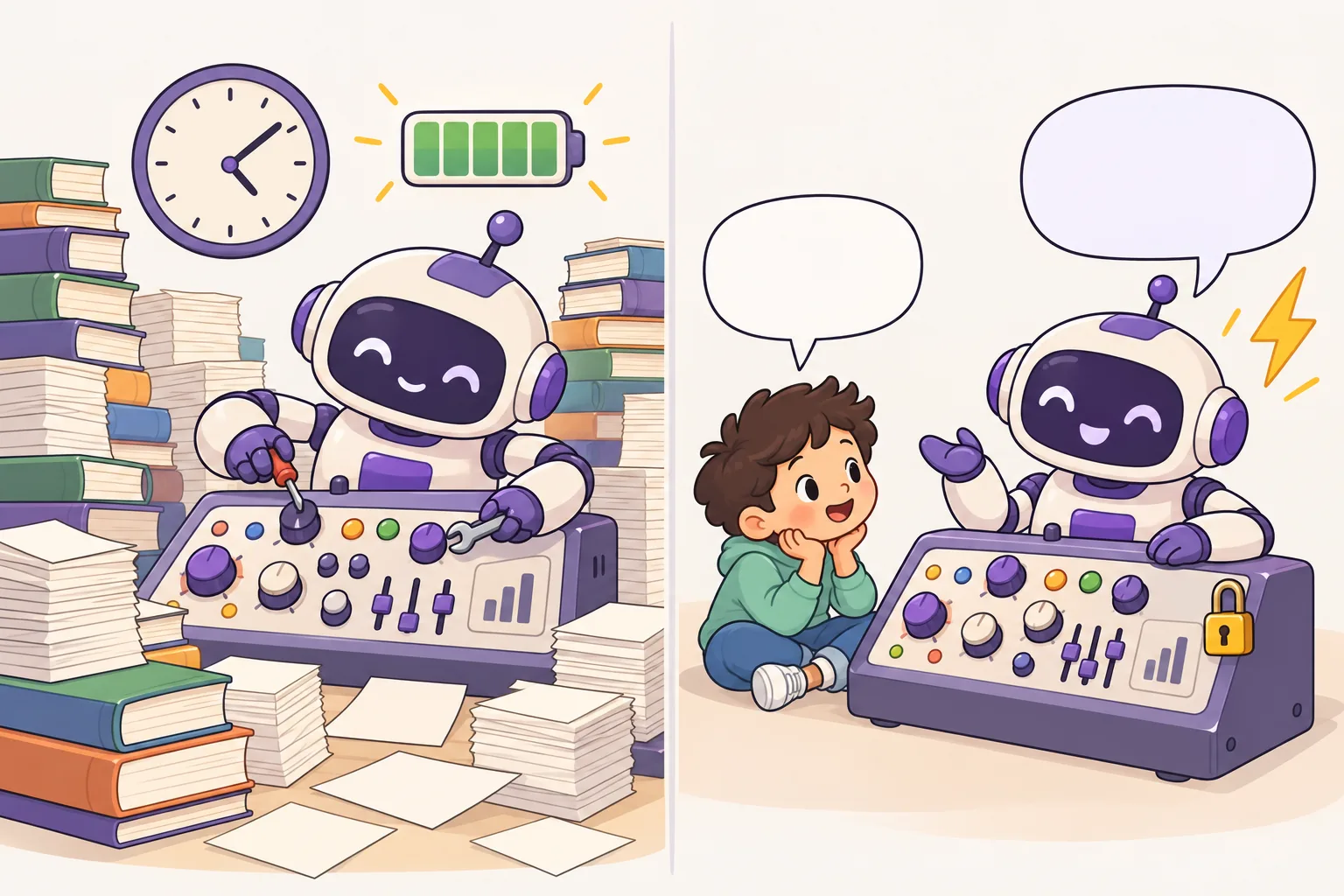 左：本の山に囲まれたロボットが、小さなつまみをたくさん回している。時計とエネルギーのアイコンがある。右：つまみがロックされた同じロボットが、いなずまマークといっしょに子どもの質問にすばやく答えている。