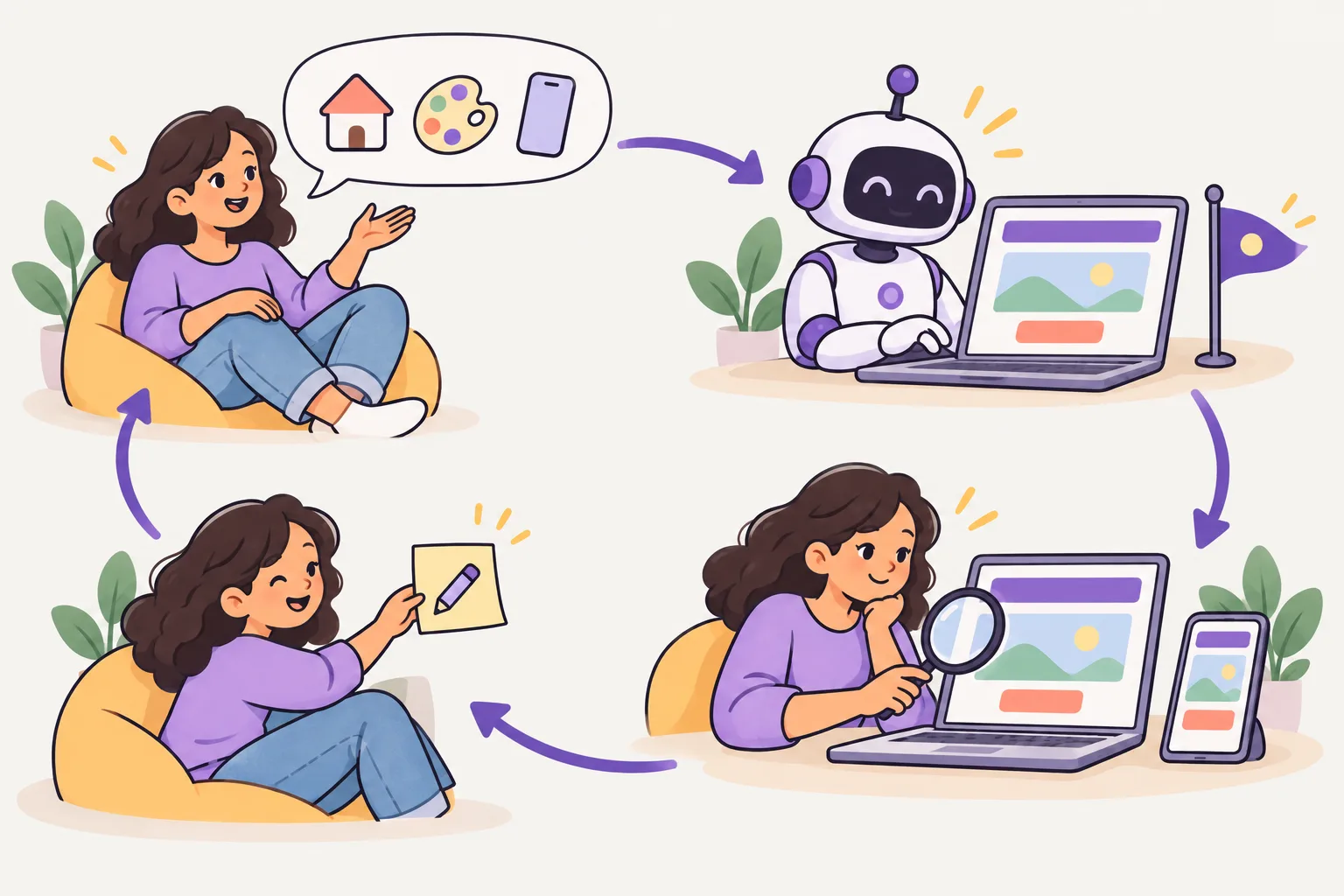 リラックスした人が、ふきだしの中で家・パレット・スマホを説明しています。ロボットがノートパソコンの上で、色つきのブロックでページを組み立てます。その人は虫めがねを持ってスマホとノートパソコンでたしかめ、付せんを返します。円い矢印が、それぞれの手順をつないでいます。