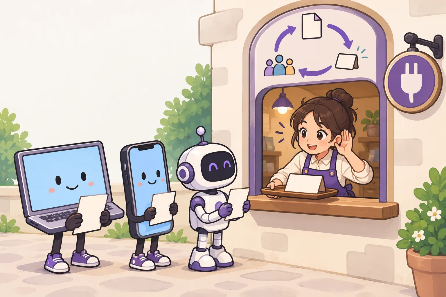 小さな窓口の向こうの店員が、リクエストのメモを持って並ぶ客たち(ノートパソコン、スマホ、小さなロボット)の話を聞いている。窓口の上には、ぐるりと回る矢印がある。