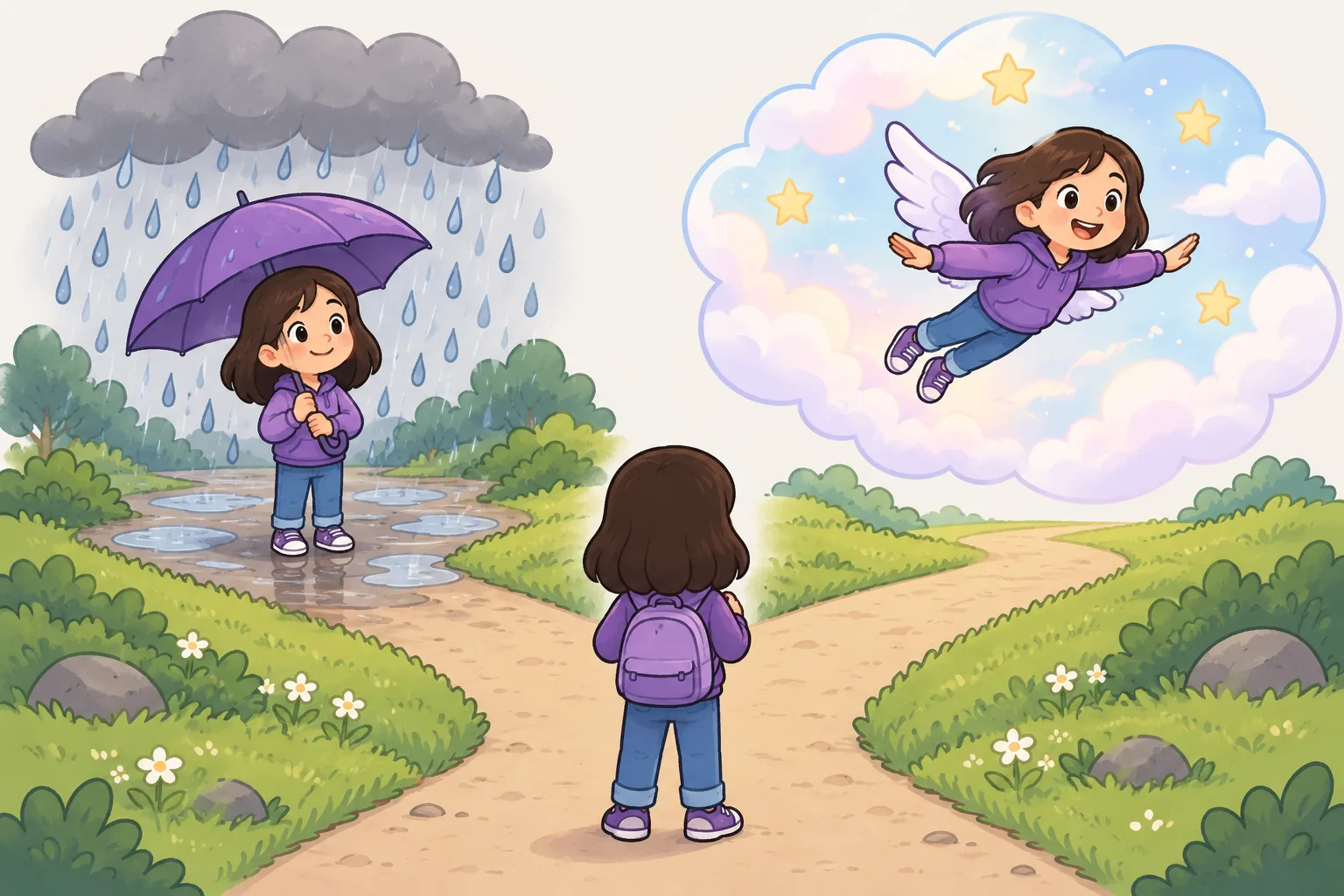 道が二手に分かれる所に子どもが立っている。一方の道は本物の雨雲の下で子どもがかさをさしている場面へ、もう一方は同じ子どもが翼で空を飛ぶ夢のような吹き出しへと続いている。