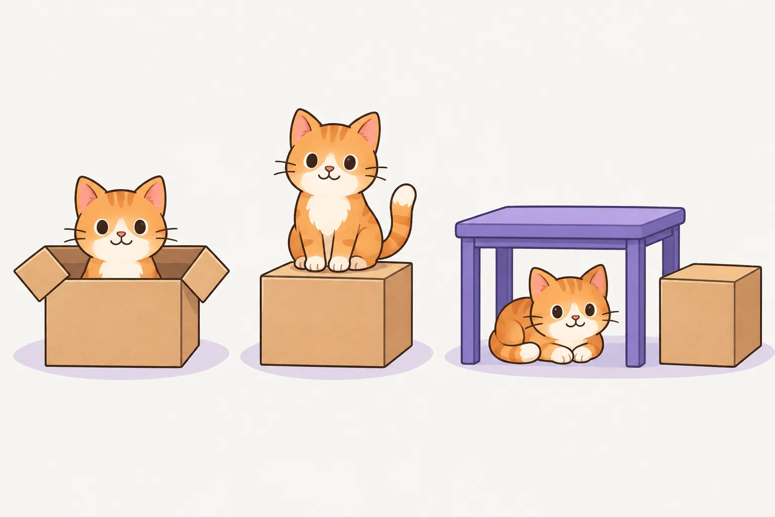同じ段ボール箱とオレンジ色のねこが出てくる3つの場面がならんでいる。ねこが箱の中にすわり、次に箱の上にすわり、最後に小さなテーブルの下でまるくなっている。