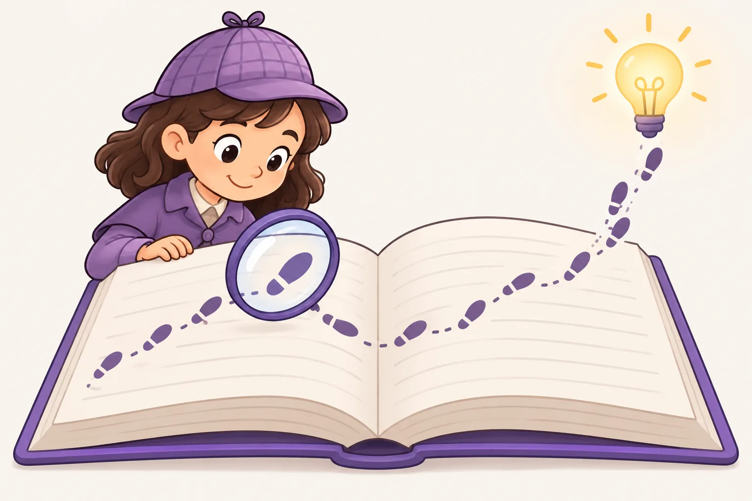 虫めがねを持った子どもの探偵が、開いた本の上に続く小さな足あとをたどって、光る電球にたどり着く。