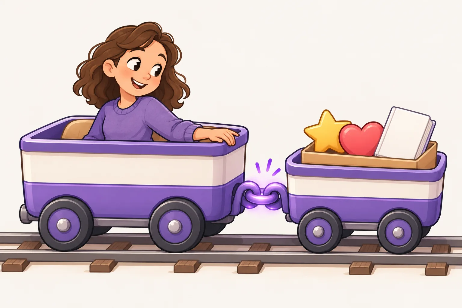列車の2両が明るい色の連結器でつながっていて、後ろの小さい車両には、前の車両の乗客のためのものが入った小さな箱が積まれている。
