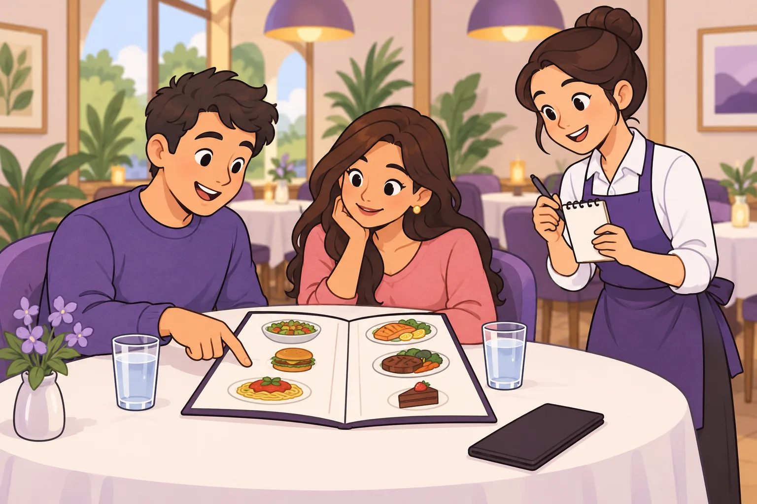 居心地のよいレストランのテーブルに二人が座り、一人が絵のアイコン付きのメニューの料理を指さしていて、感じのよい店員がメモを取っている。