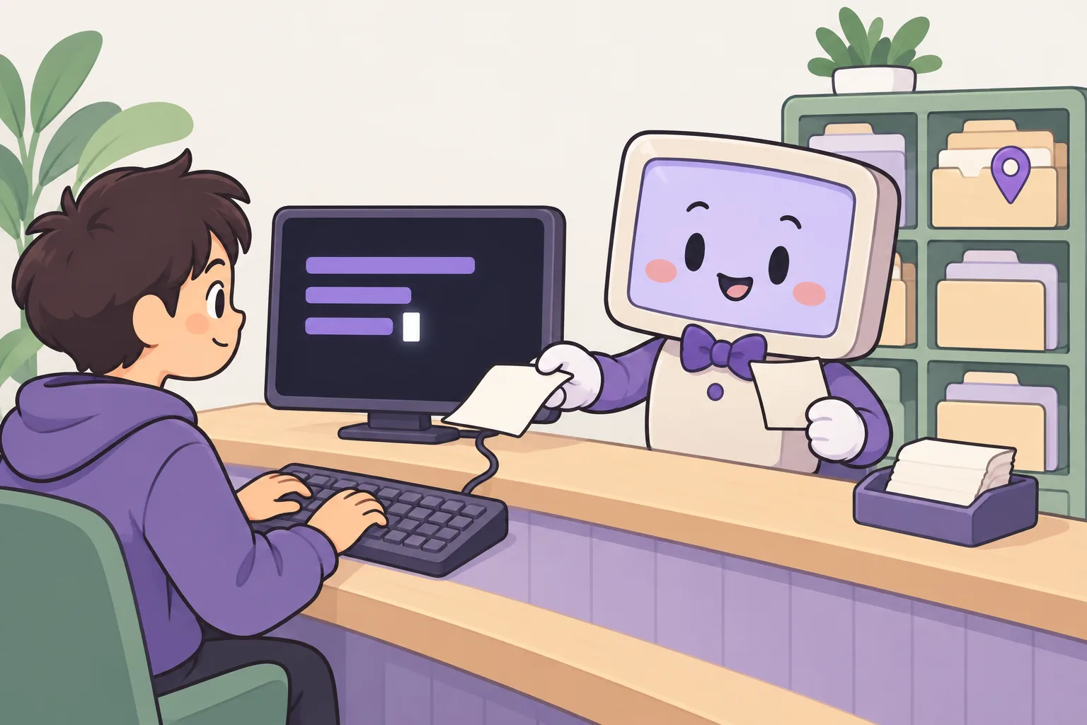 カーソルが点滅する暗いターミナル画面の前で、子どもがキーボードを打っています。受付カウンターの向こうでは親切なコンピューターの係員が、打ち込んだメモを受け取って答えのメモを返します。後ろのフォルダー棚では、今いるフォルダーにピンが刺さっています。